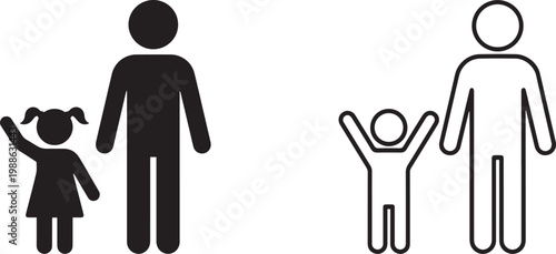 Black vector silhouette and outline icon set featuring parents and children in various poses, representing family love, bonding, parenting, and childhood joy.