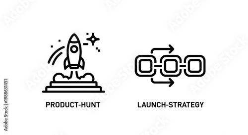 Launch strategy and product hunt icons representing new project release and business growth planning with strategy planning business development workflow