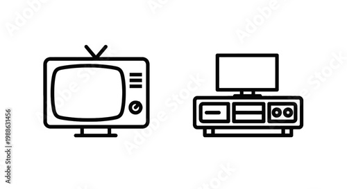 Television technology evolution icons featuring a vintage retro tv and a modern flat screen media center setup television technology entertainment