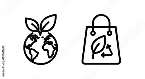 Eco friendly sustainability icons featuring earth with green leaves and recyclable shopping bag symbols for environmental conservation environment shopping