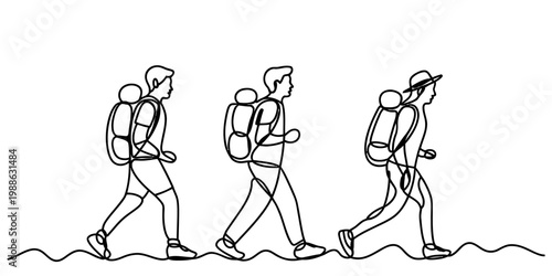 Continuous line drawing of a group of three backpackers hiking together on a trail outdoor trip