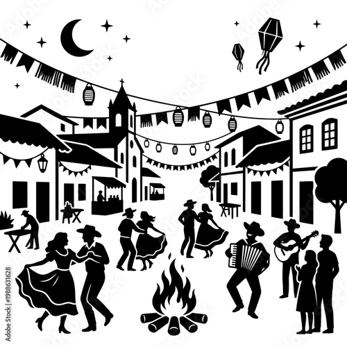 Sao Joao celebration symbols with lantern bonfire and dancers
