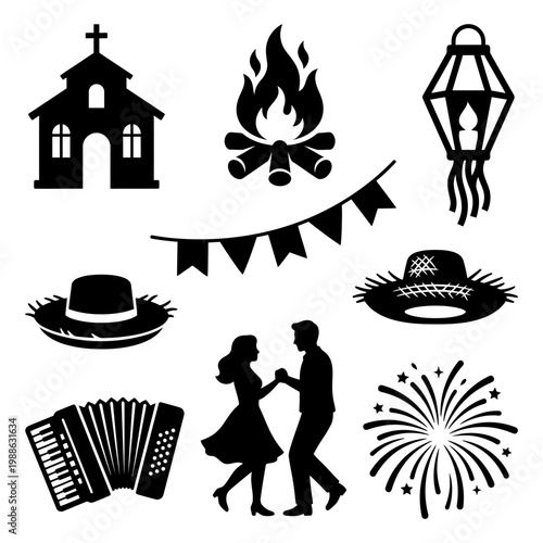 Sao Joao night icons with church accordion bonfire and dance