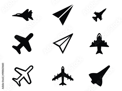 Airplane Silhouette Icon Set in Black Vector Style