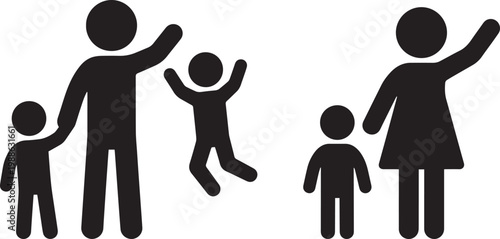 Black vector silhouette illustration of a father with two children and a mother with a child, showing family joy, waving, and active parenting.