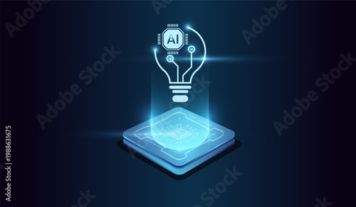 Glowing blue lightbulb with ai chip on a microchip, symbolizing artificial intelligence technology