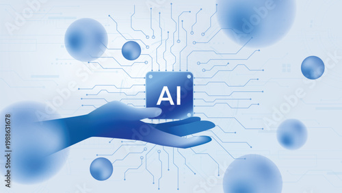 Hand holding ai chip with circuit board background, and blue orbs, artificial intelligence microchip