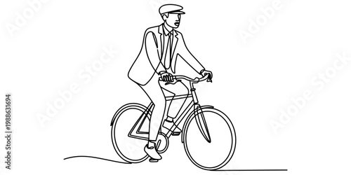 A continuous line drawing of a man wearing a suit and flat cap riding a bicycle on the street.