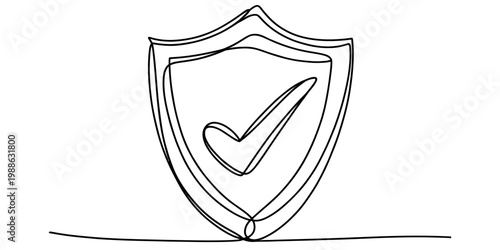 A continuous line drawing of a shield with a check mark symbol representing security and safety