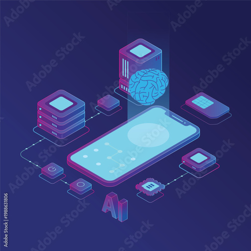 Isometric artificial intelligence concept with smartphone, brain, and server, surrounded by connected devices and ai letters
