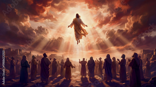 Jesus Christ ascends to heaven, witnessed by awe-struck disciples. A powerful biblical scene depicting the Ascension with divine light