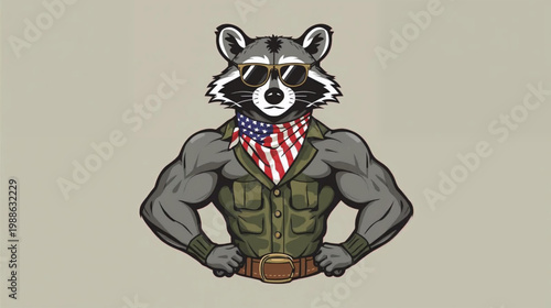 Quadro su tela a stocky raccoon wearing glasses and an American scarf