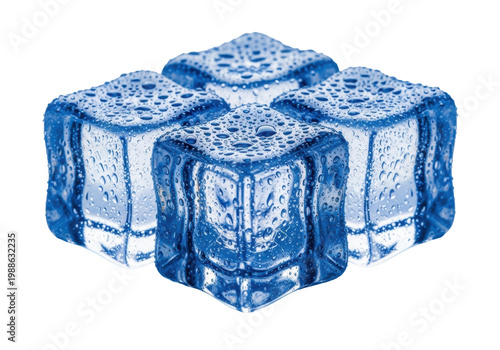 Hyperdetailed macro of four sapphire-blue ice cubes clustered on a transparent background, showcasing condensation and internal micro-cracks, concept for luxury beverage advertising