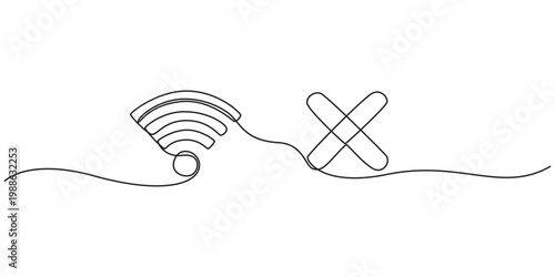 WI-FI wireless connection signal and cross mark Vector continuous line drawing, WI-FI wireless connection signal and cross mark vector continuous line drawing, pro