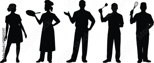 Restaurant staff and professional chef silhouette vector set, featuring cooks with kitchen utensils and service workers
