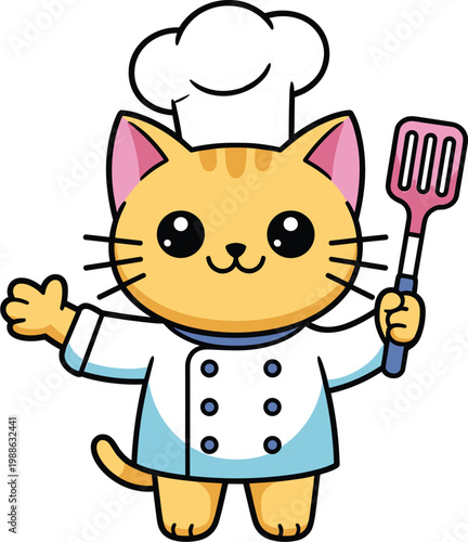 Cute cartoon ginger cat chef vector illustration wearing white hat, and holding a pink kitchen spatula
