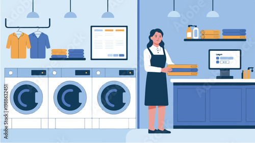 Flat design illustration of a professional laundromat with washing machines, folded laundry, and a service worker.