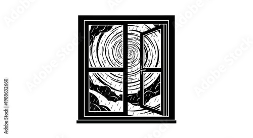 Black and white illustration of an open window with swirling patterns.