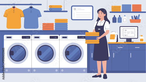 Flat design illustration of a professional laundromat with washing machines, folded laundry, and a service worker.