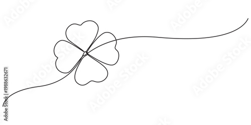 Continuous one line drawing of four leaf clovers. Isolated on white background vector illustration. Good luck floral symbol in simple linear style. Concept for web banner Saint