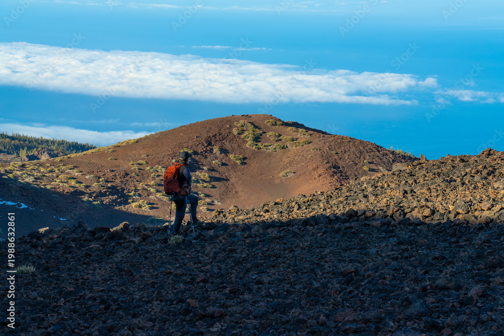 Obraz premium A tourist with a backpack is watching the scenery in Teide National Park.