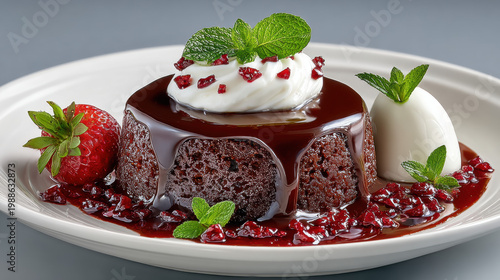 Chocolate lava cake plated with cocoa nibs and a modern presentation.