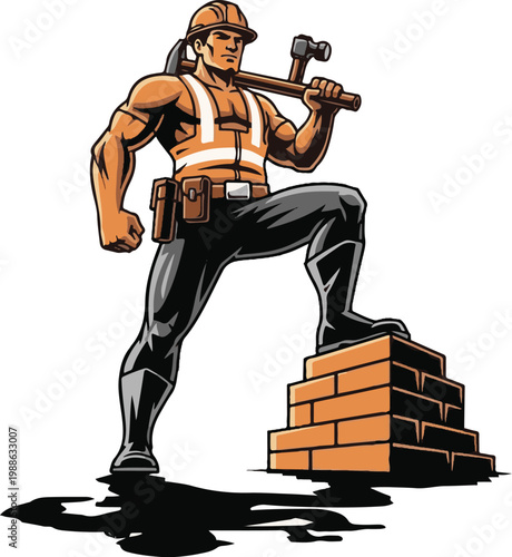 A muscular construction worker standing confidently with a hammer