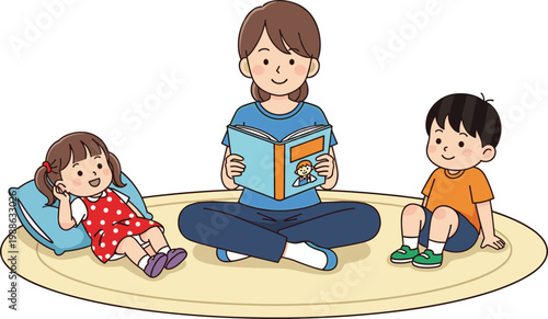 Cartoon Parent Reading a Book to Two Children on a Rug for Family, Learning, and Educational Design Themes
