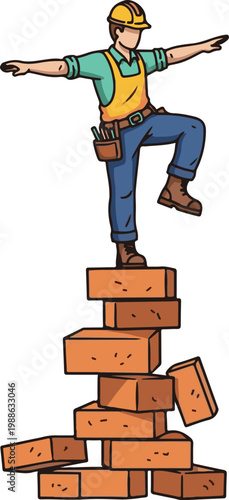 A cartoon construction worker balancing on a stack of bricks