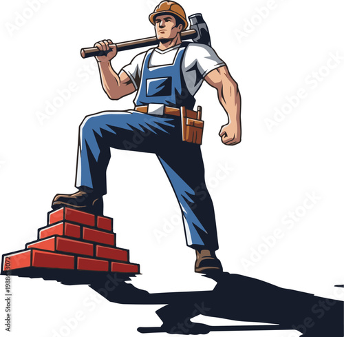 A cartoon construction worker standing on a pile of bricks with a hammer
