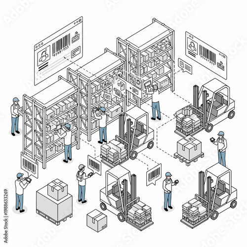 Workers operating warehouse forklifts industrially.