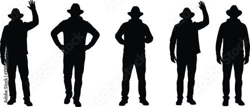 Set of cowboy silhouettes in different poses wearing hats, western style characters, ranch workers, standing and waving figures isolated for vintage design