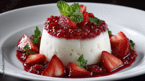 Delicate plated fruit dessert with compressed fruit and gel, artfully presented.