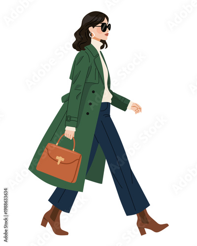 Fashion model vector illustration. A girl with handbag. Woman in stylish clothes. Street style fashion