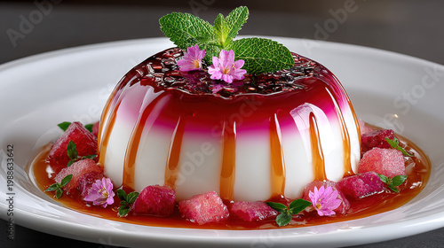 Elegant panna cotta dessert sphere with precisely placed sauce on white plate.