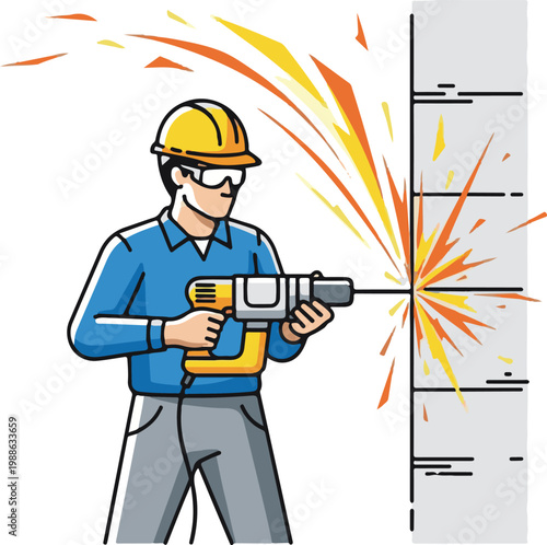 A cartoon man wearing a hard hat and safety glasses drills into a wall