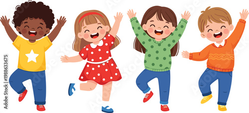 Set of Four Happy Cartoon Children in Colorful Outfits with Joyful Expressions for Playful, Fun, and Family-Friendly Designs