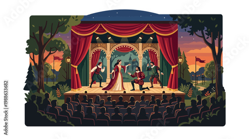 Illustration of a live theatre performance at the Stratford Festival with stage actors and an audience in a cultural setting in Canada.