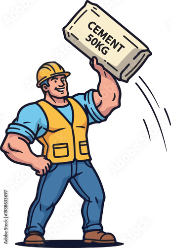 A muscular construction worker lifting a heavy cement bag overhead with ease