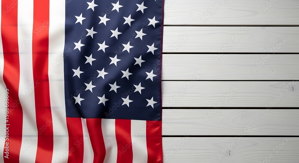 Obraz premium American flag hanging on white wooden wall with horizontal planks