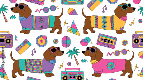 Retro 1980s style illustration collection featuring a personal computer, floppy disk, cassette tape, and VHS tape.