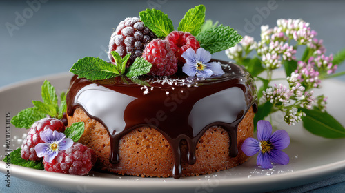 Fine dining chocolate mousse with glossy glaze served on elegant plate