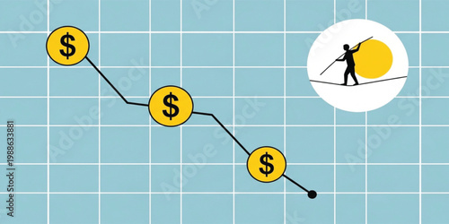 Financial Risk Concept with Falling Dollar Chart and Tightrope Walker Balancing Economic Uncertainty Vector Illustration Design