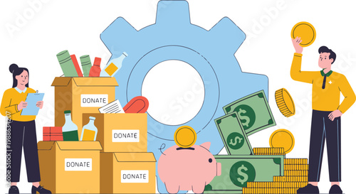 Flat design illustration of a charity donation center with volunteers, donation boxes, money, and a piggy bank for social responsibility concepts.