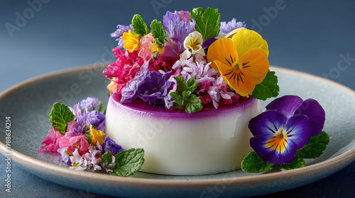 Floral panna cotta dessert topped with edible flower petals on white background