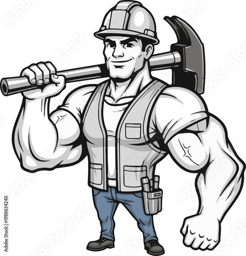 A muscular cartoon construction worker holding a large hammer over his shoulder