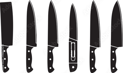 Kitchen knives displayed against a white background a stark silhouette. Kitchen knives silhouette vector illustration.