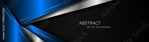 Abstract blue and silver polygons on dark steel mesh background. with free space for design. modern technology innovation concept background