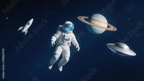 Astronaut floating in space with planets and spacecraft