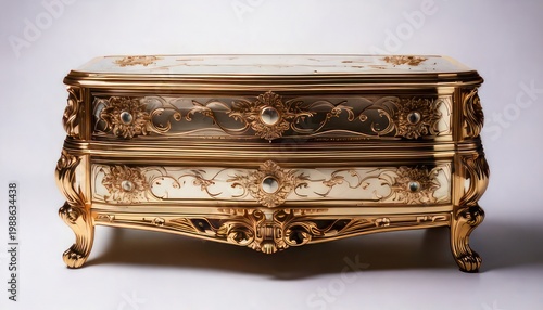 Ornate Gold and Cream Chest of Drawers with Floral Details.